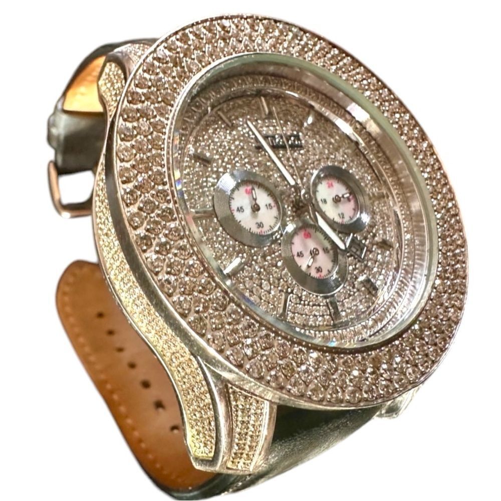 Don & Co. Oversized Diamond Chronograph Watch Black Leather Strap Men’s
